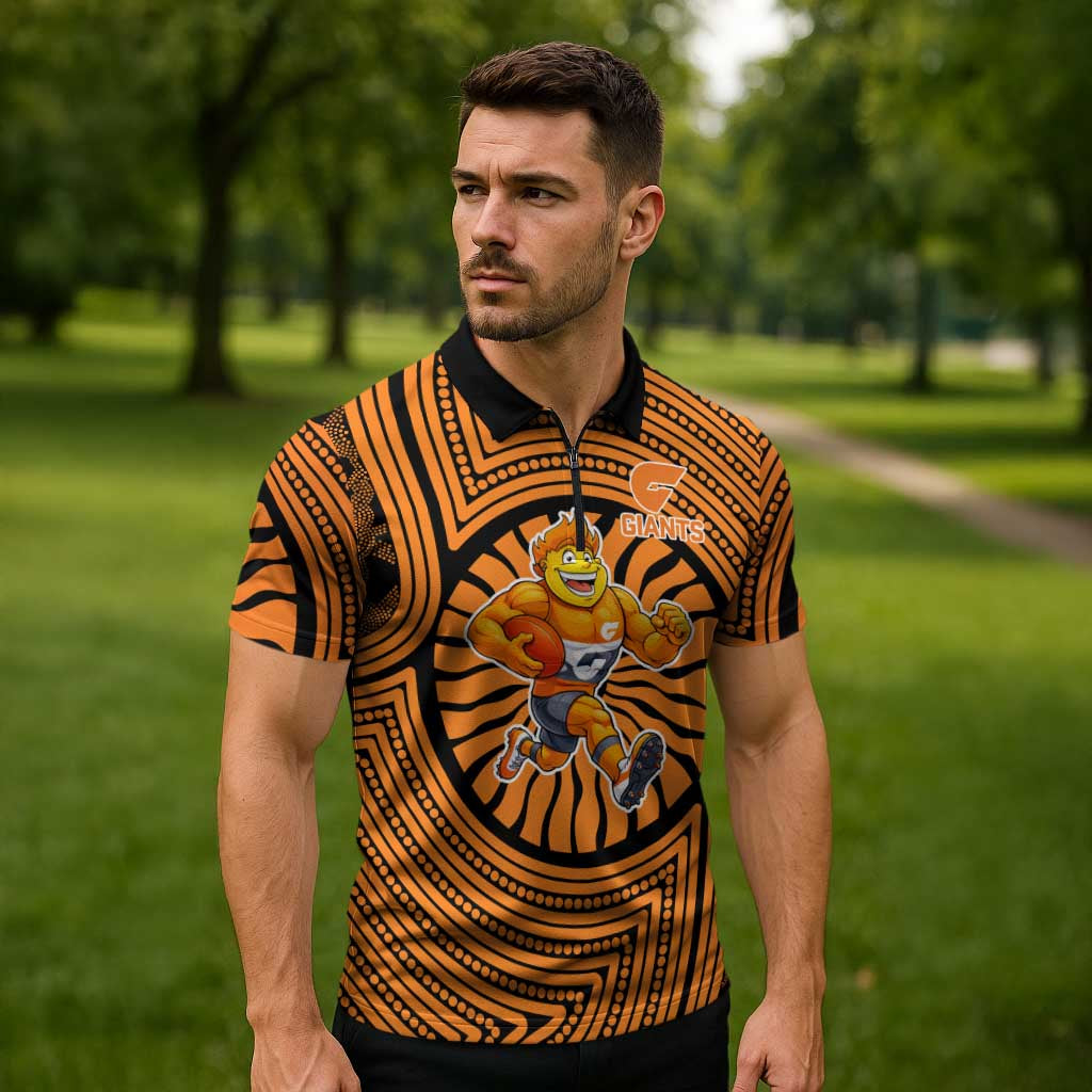 Greater Western Sydney Giants Zipper Polo Shirt Indigenous Monochrome Dot Art Mascot Style