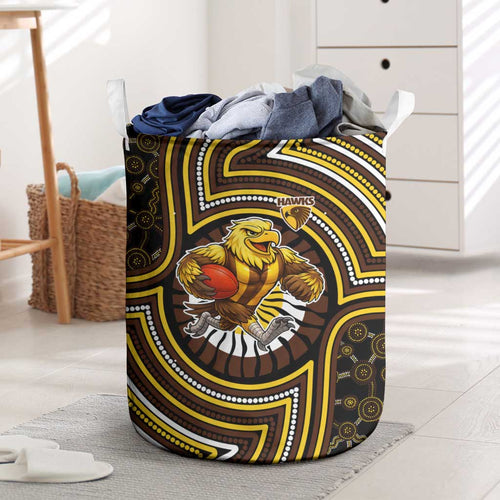 Hawthorn Hawks Laundry Basket Indigenous Monochrome Dot Art Mascot Style