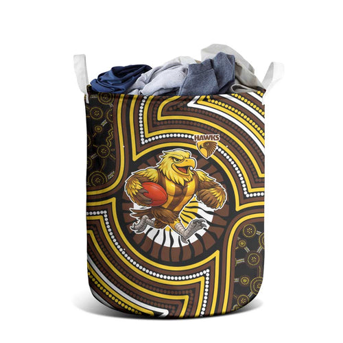 Hawthorn Hawks Laundry Basket Indigenous Monochrome Dot Art Mascot Style