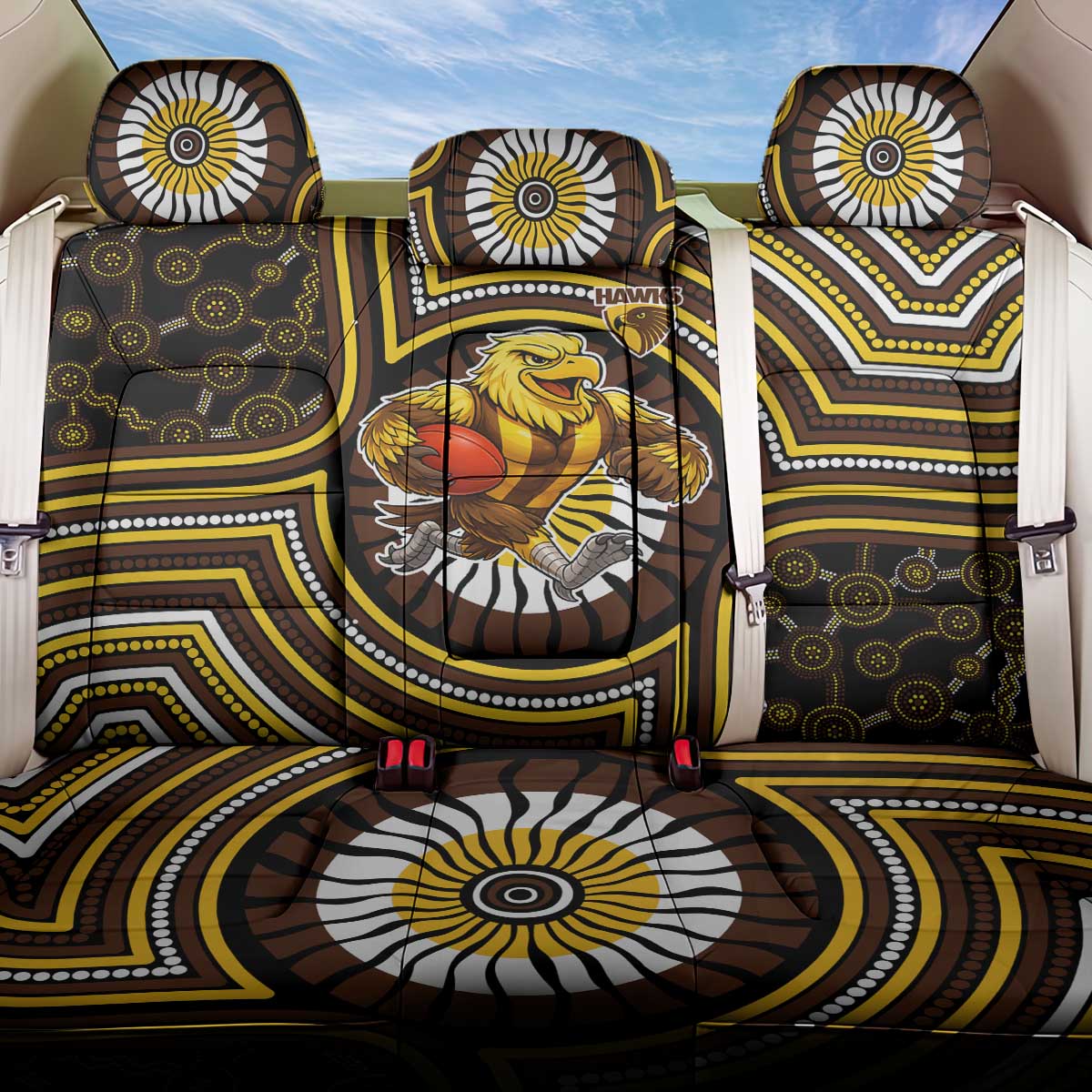 Hawthorn Hawks Back Car Seat Cover Indigenous Monochrome Dot Art Mascot Style