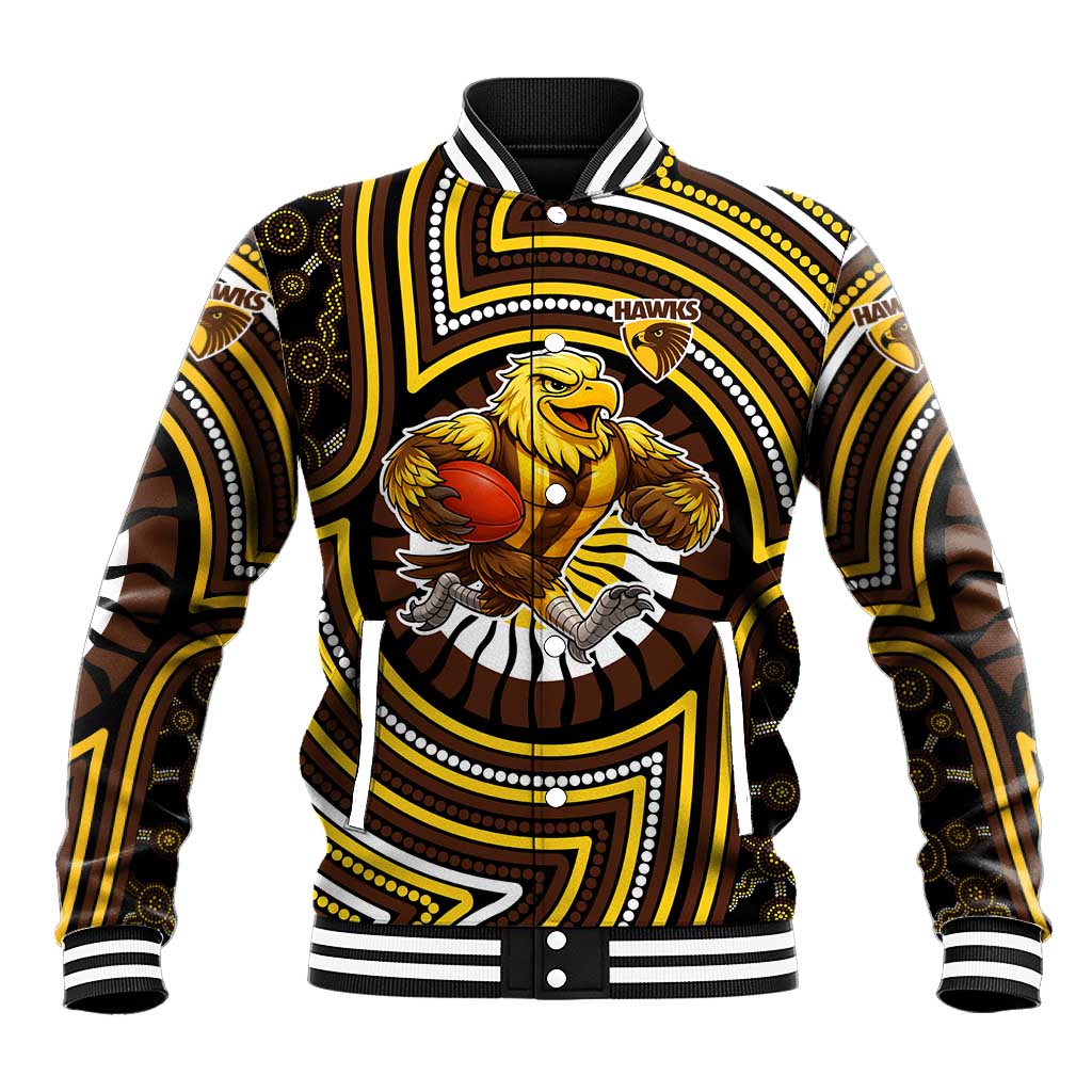 Hawthorn Hawks Baseball Jacket Indigenous Monochrome Dot Art Mascot Style