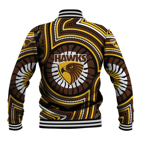 Hawthorn Hawks Baseball Jacket Indigenous Monochrome Dot Art Mascot Style