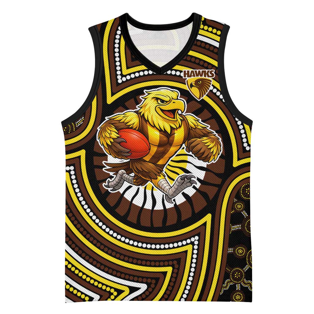 Hawthorn Hawks Basketball Jersey Indigenous Monochrome Dot Art Mascot Style