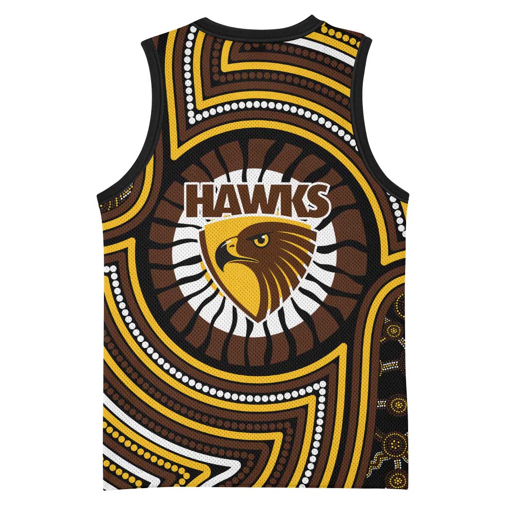 Hawthorn Hawks Basketball Jersey Indigenous Monochrome Dot Art Mascot Style