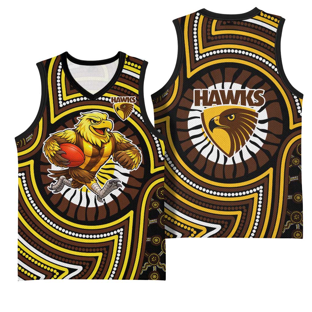 Hawthorn Hawks Basketball Jersey Indigenous Monochrome Dot Art Mascot Style
