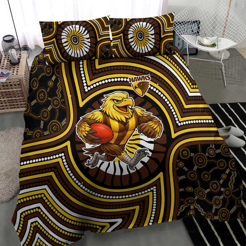 Hawthorn Hawks Bedding Set Indigenous Monochrome Dot Art Mascot Style