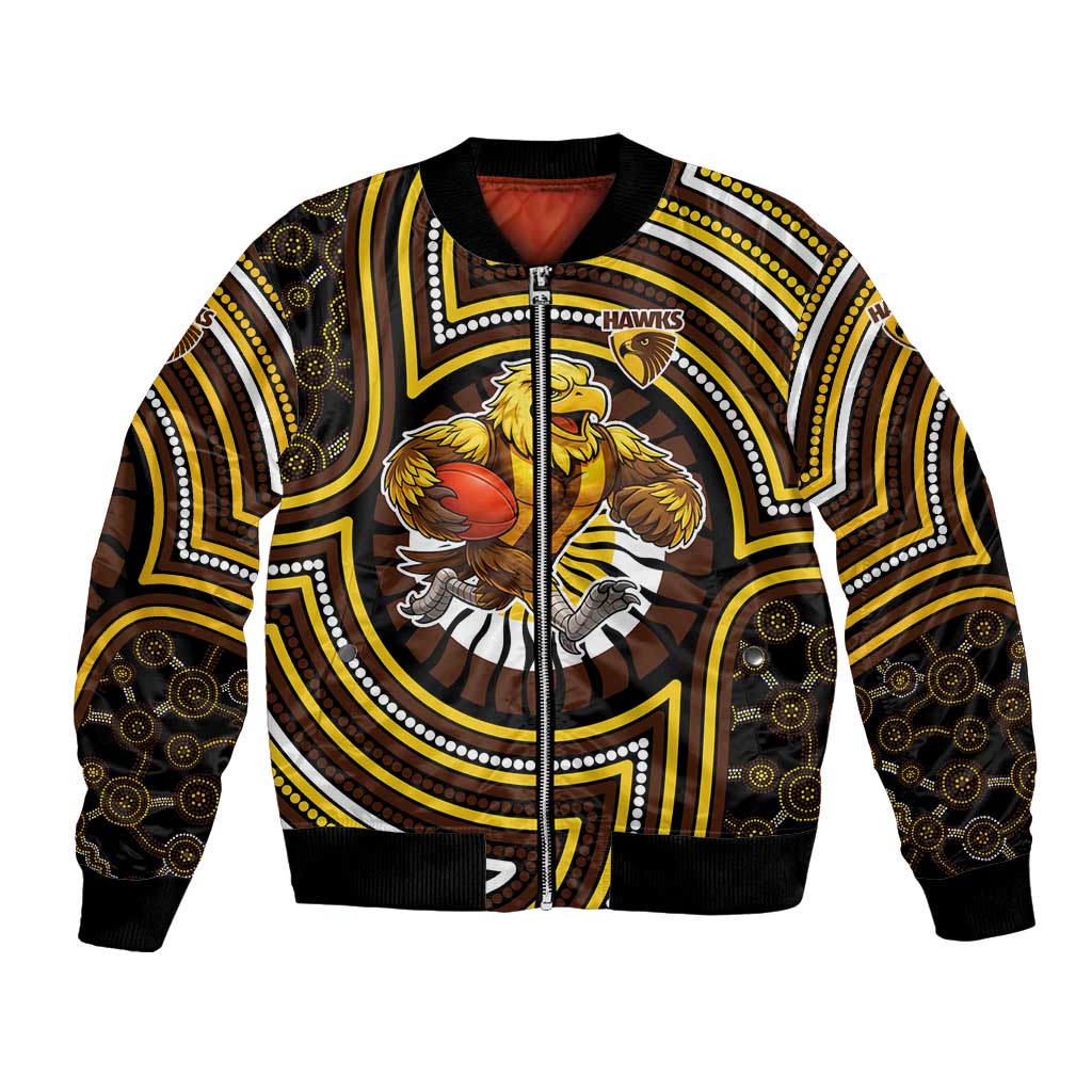 Hawthorn Hawks Bomber Jacket Indigenous Monochrome Dot Art Mascot Style