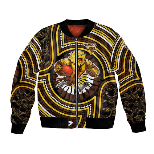 Hawthorn Hawks Bomber Jacket Indigenous Monochrome Dot Art Mascot Style