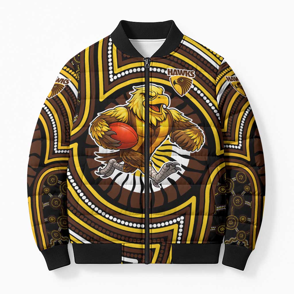 Hawthorn Hawks Bomber Puffer Jacket Indigenous Monochrome Dot Art Mascot Style