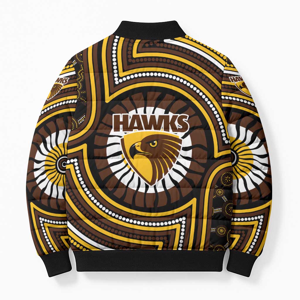 Hawthorn Hawks Bomber Puffer Jacket Indigenous Monochrome Dot Art Mascot Style