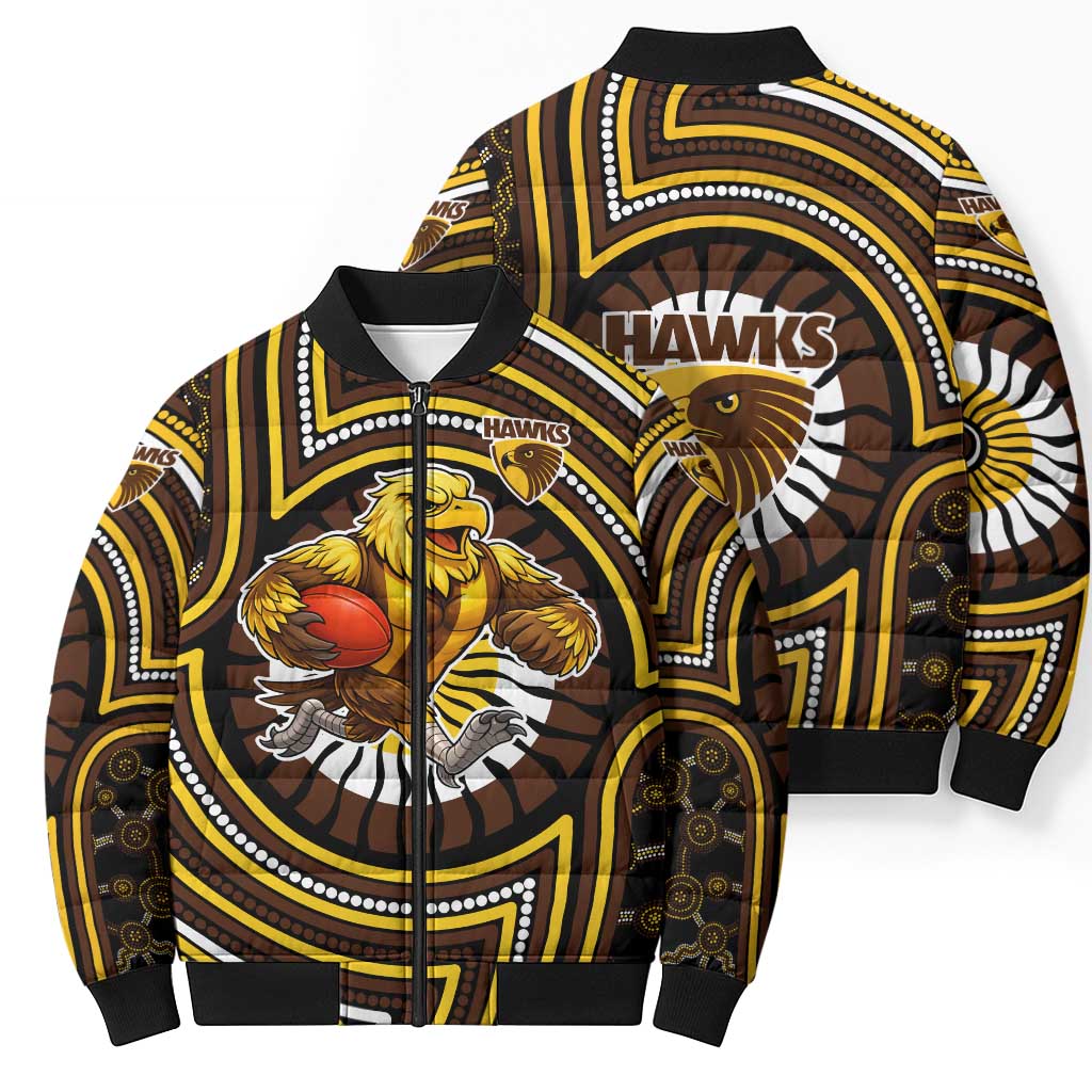 Hawthorn Hawks Bomber Puffer Jacket Indigenous Monochrome Dot Art Mascot Style