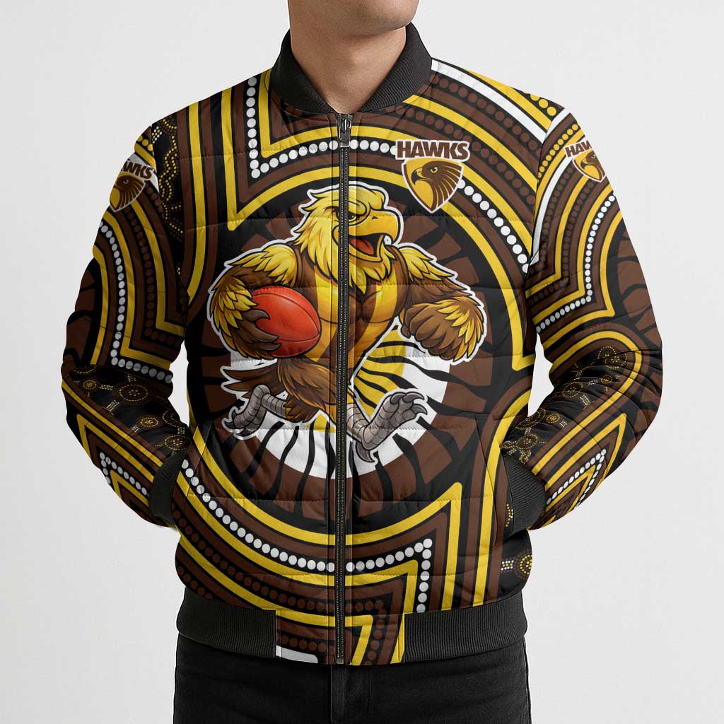Hawthorn Hawks Bomber Puffer Jacket Indigenous Monochrome Dot Art Mascot Style
