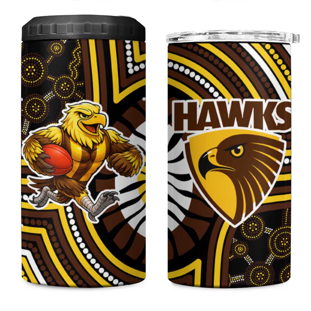 Hawthorn Hawks 4 in 1 Can Cooler Tumbler Indigenous Monochrome Dot Art Mascot Style