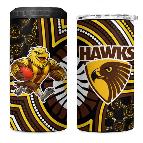 Hawthorn Hawks 4 in 1 Can Cooler Tumbler Indigenous Monochrome Dot Art Mascot Style