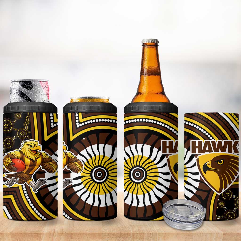 Hawthorn Hawks 4 in 1 Can Cooler Tumbler Indigenous Monochrome Dot Art Mascot Style