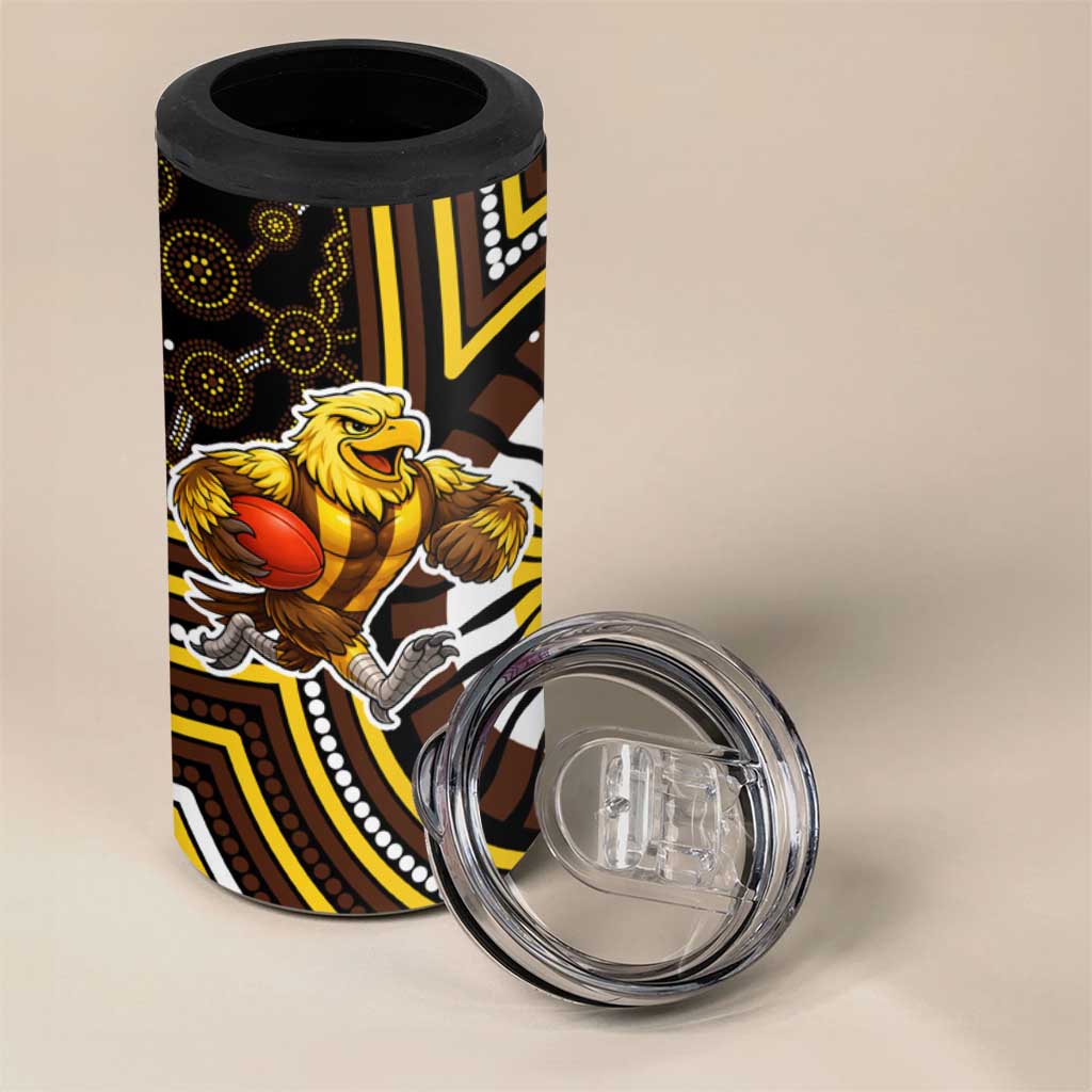 Hawthorn Hawks 4 in 1 Can Cooler Tumbler Indigenous Monochrome Dot Art Mascot Style