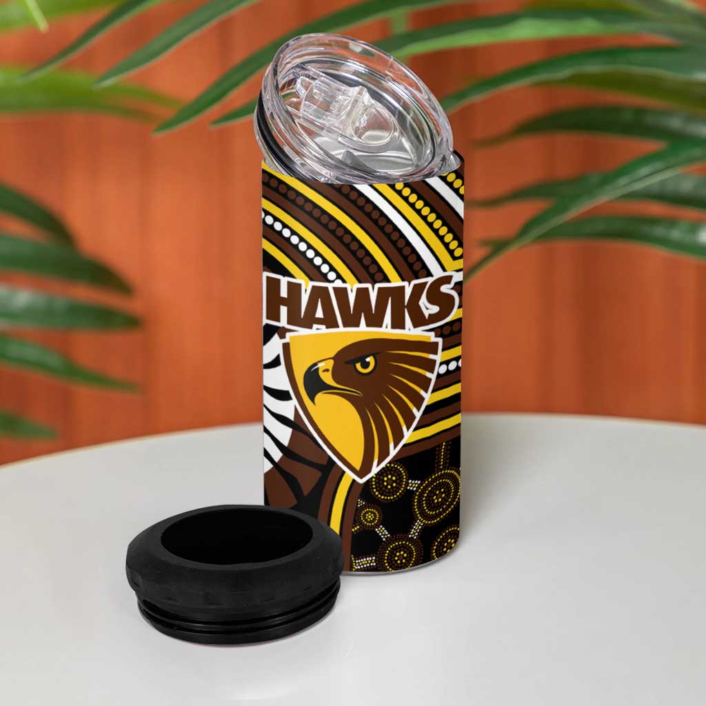 Hawthorn Hawks 4 in 1 Can Cooler Tumbler Indigenous Monochrome Dot Art Mascot Style