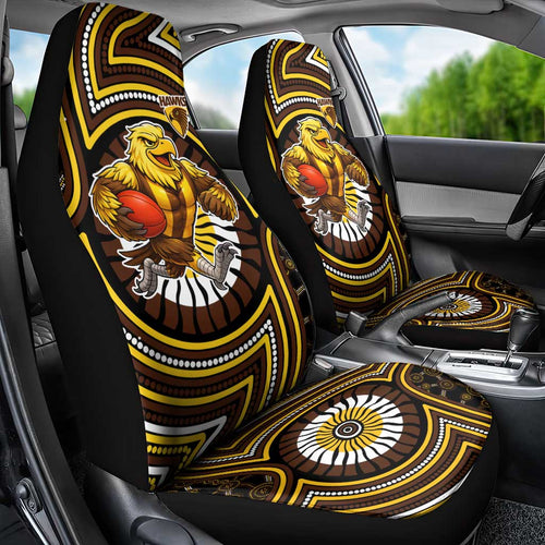 Hawthorn Hawks Car Seat Cover Indigenous Monochrome Dot Art Mascot Style