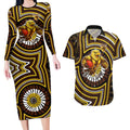 Hawthorn Hawks Couples Matching Long Sleeve Bodycon Dress and Hawaiian Shirt Indigenous Monochrome Dot Art Mascot Style