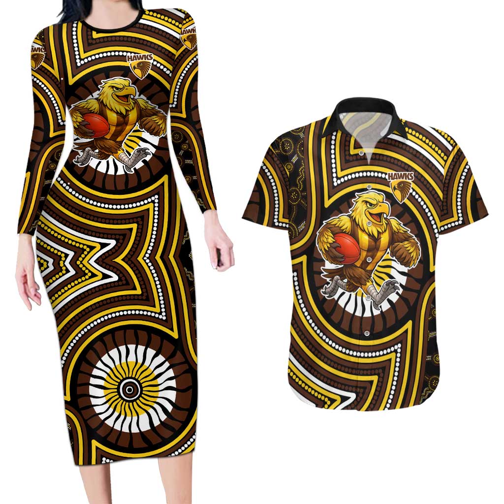 Hawthorn Hawks Couples Matching Long Sleeve Bodycon Dress and Hawaiian Shirt Indigenous Monochrome Dot Art Mascot Style
