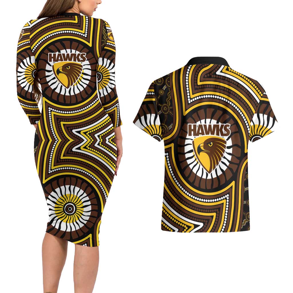 Hawthorn Hawks Couples Matching Long Sleeve Bodycon Dress and Hawaiian Shirt Indigenous Monochrome Dot Art Mascot Style