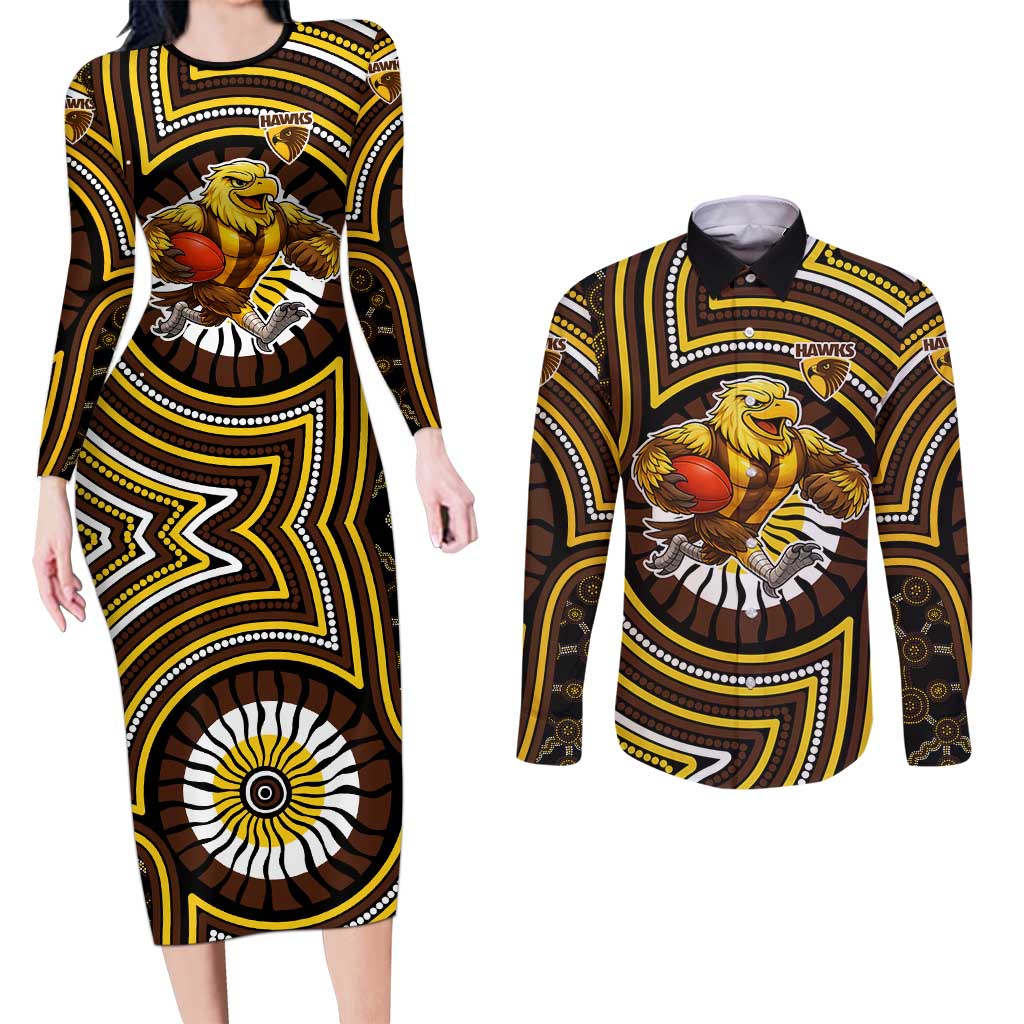 Hawthorn Hawks Couples Matching Long Sleeve Bodycon Dress and Long Sleeve Button Shirt Indigenous Monochrome Dot Art Mascot Style