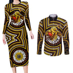 Hawthorn Hawks Couples Matching Long Sleeve Bodycon Dress and Long Sleeve Button Shirt Indigenous Monochrome Dot Art Mascot Style