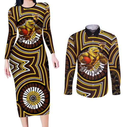 Hawthorn Hawks Couples Matching Long Sleeve Bodycon Dress and Long Sleeve Button Shirt Indigenous Monochrome Dot Art Mascot Style