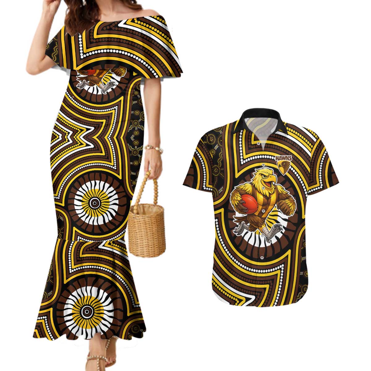Hawthorn Hawks Couples Matching Mermaid Dress and Hawaiian Shirt Indigenous Monochrome Dot Art Mascot Style