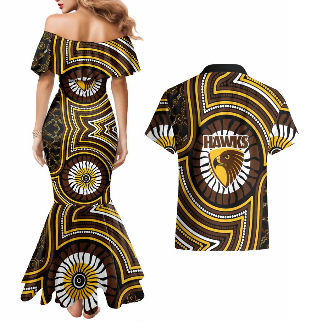 Hawthorn Hawks Couples Matching Mermaid Dress and Hawaiian Shirt Indigenous Monochrome Dot Art Mascot Style