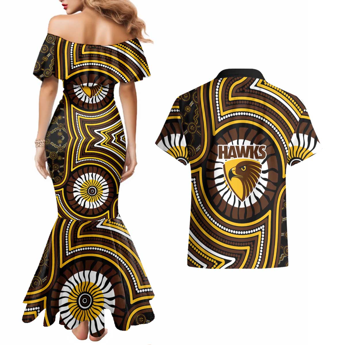 Hawthorn Hawks Couples Matching Mermaid Dress and Hawaiian Shirt Indigenous Monochrome Dot Art Mascot Style