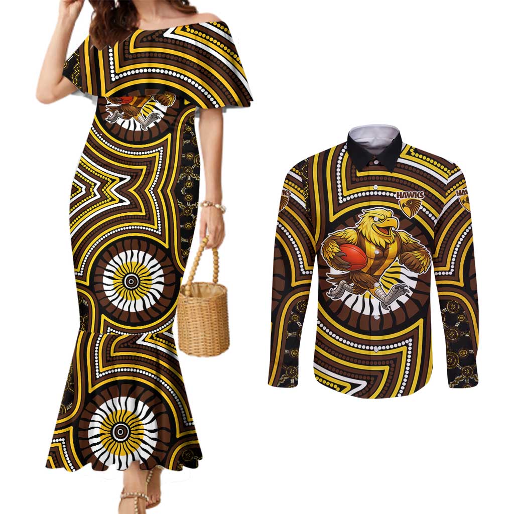 Hawthorn Hawks Couples Matching Mermaid Dress and Long Sleeve Button Shirt Indigenous Monochrome Dot Art Mascot Style