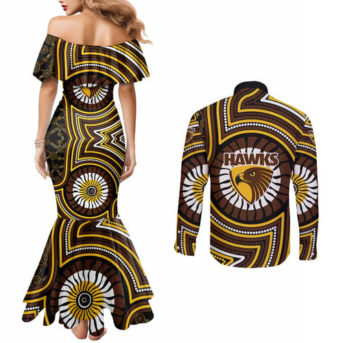 Hawthorn Hawks Couples Matching Mermaid Dress and Long Sleeve Button Shirt Indigenous Monochrome Dot Art Mascot Style