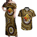Hawthorn Hawks Couples Matching Off Shoulder Maxi Dress and Hawaiian Shirt Indigenous Monochrome Dot Art Mascot Style