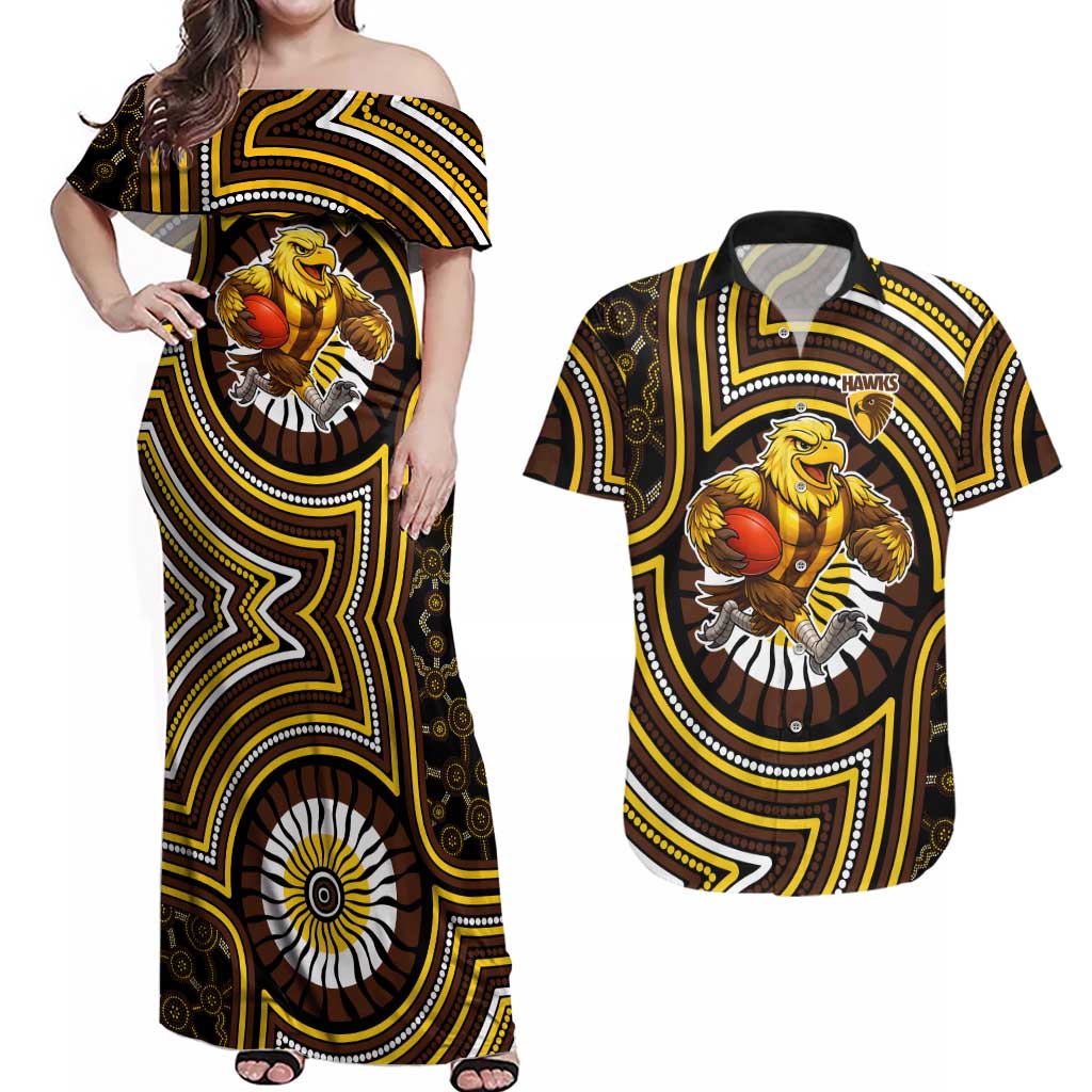 Hawthorn Hawks Couples Matching Off Shoulder Maxi Dress and Hawaiian Shirt Indigenous Monochrome Dot Art Mascot Style