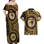 Hawthorn Hawks Couples Matching Off Shoulder Maxi Dress and Hawaiian Shirt Indigenous Monochrome Dot Art Mascot Style