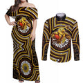 Hawthorn Hawks Couples Matching Off Shoulder Maxi Dress and Long Sleeve Button Shirt Indigenous Monochrome Dot Art Mascot Style