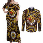 Hawthorn Hawks Couples Matching Off Shoulder Maxi Dress and Long Sleeve Button Shirt Indigenous Monochrome Dot Art Mascot Style