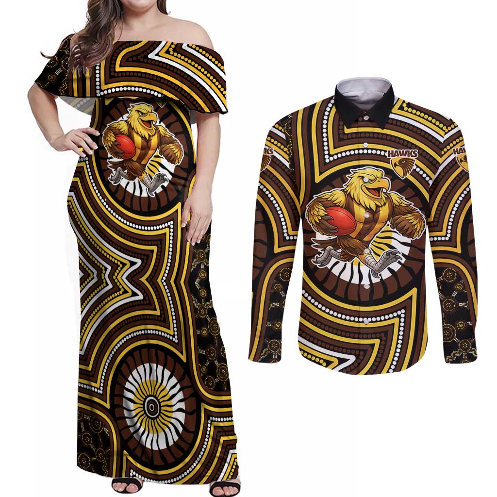 Hawthorn Hawks Couples Matching Off Shoulder Maxi Dress and Long Sleeve Button Shirt Indigenous Monochrome Dot Art Mascot Style