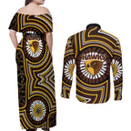 Hawthorn Hawks Couples Matching Off Shoulder Maxi Dress and Long Sleeve Button Shirt Indigenous Monochrome Dot Art Mascot Style