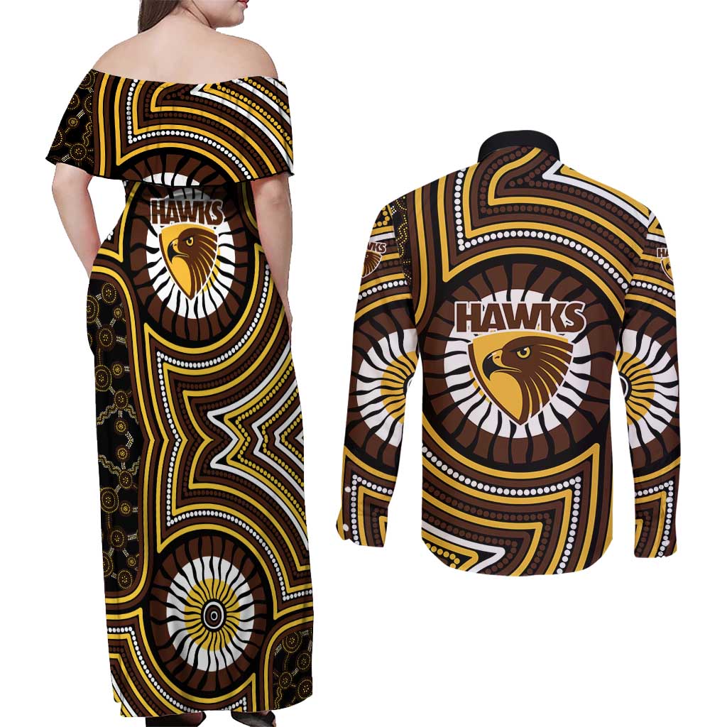 Hawthorn Hawks Couples Matching Off Shoulder Maxi Dress and Long Sleeve Button Shirt Indigenous Monochrome Dot Art Mascot Style