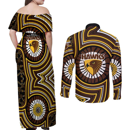 Hawthorn Hawks Couples Matching Off Shoulder Maxi Dress and Long Sleeve Button Shirt Indigenous Monochrome Dot Art Mascot Style