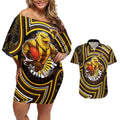 Hawthorn Hawks Couples Matching Off Shoulder Short Dress and Hawaiian Shirt Indigenous Monochrome Dot Art Mascot Style