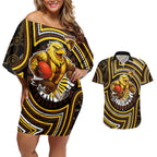 Hawthorn Hawks Couples Matching Off Shoulder Short Dress and Hawaiian Shirt Indigenous Monochrome Dot Art Mascot Style