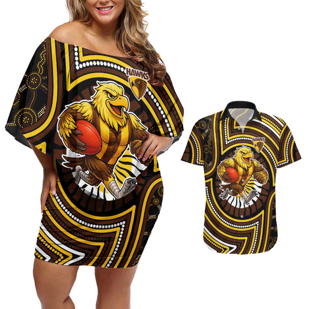 Hawthorn Hawks Couples Matching Off Shoulder Short Dress and Hawaiian Shirt Indigenous Monochrome Dot Art Mascot Style