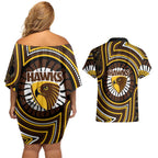 Hawthorn Hawks Couples Matching Off Shoulder Short Dress and Hawaiian Shirt Indigenous Monochrome Dot Art Mascot Style