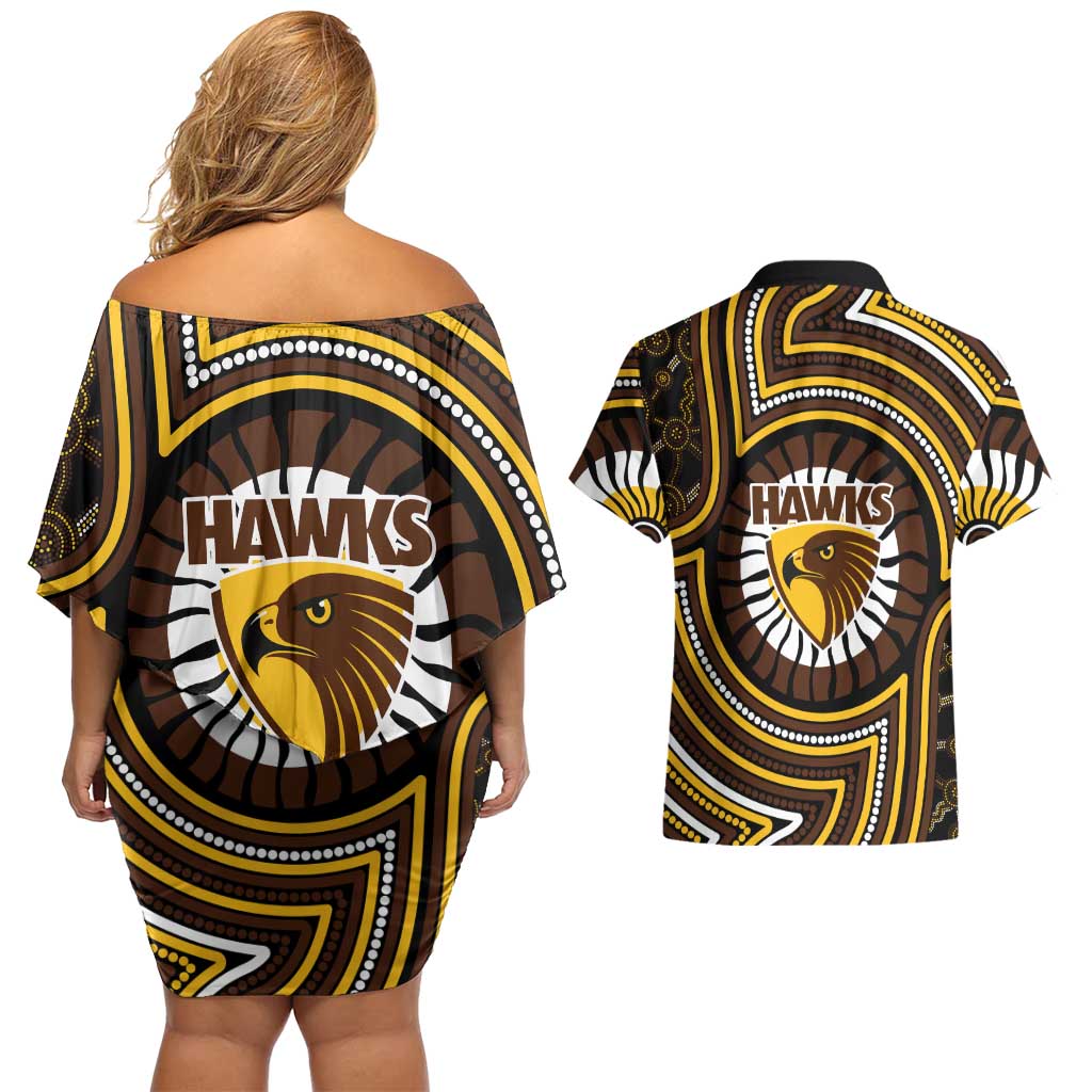 Hawthorn Hawks Couples Matching Off Shoulder Short Dress and Hawaiian Shirt Indigenous Monochrome Dot Art Mascot Style