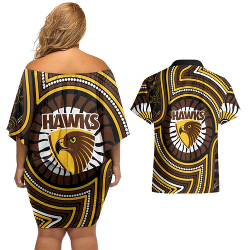 Hawthorn Hawks Couples Matching Off Shoulder Short Dress and Hawaiian Shirt Indigenous Monochrome Dot Art Mascot Style