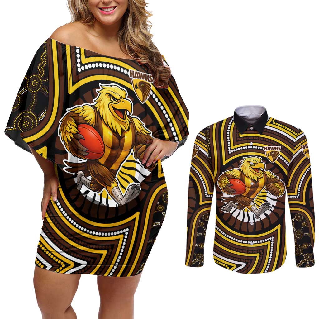 Hawthorn Hawks Couples Matching Off Shoulder Short Dress and Long Sleeve Button Shirt Indigenous Monochrome Dot Art Mascot Style