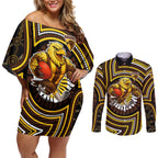 Hawthorn Hawks Couples Matching Off Shoulder Short Dress and Long Sleeve Button Shirt Indigenous Monochrome Dot Art Mascot Style